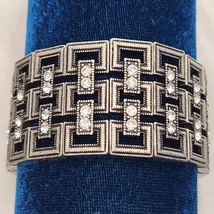 KF Kirk Folly Silver Toned Chunky Bracelet Rhinestones Elastic Fit 8.25"